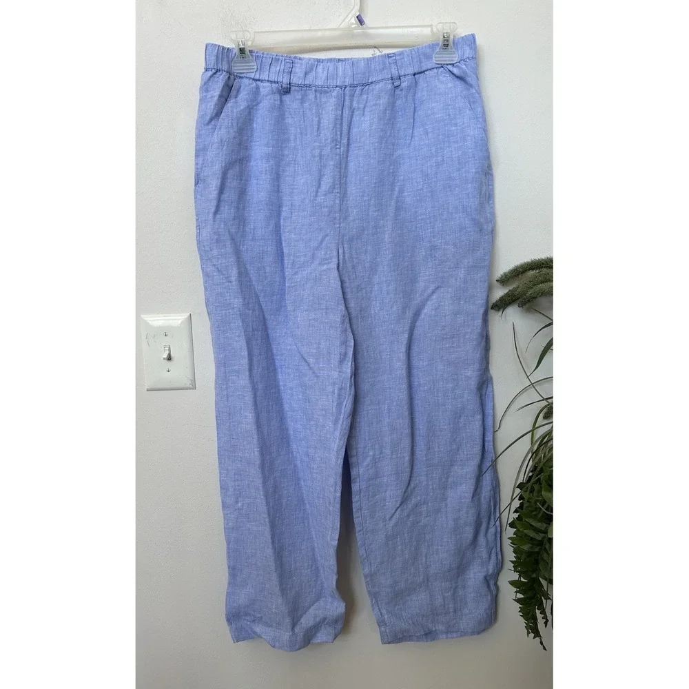 Quince 100% Linen Blue Crop Wide Leg Pants Coastal Grandma Beach Resort Sz L